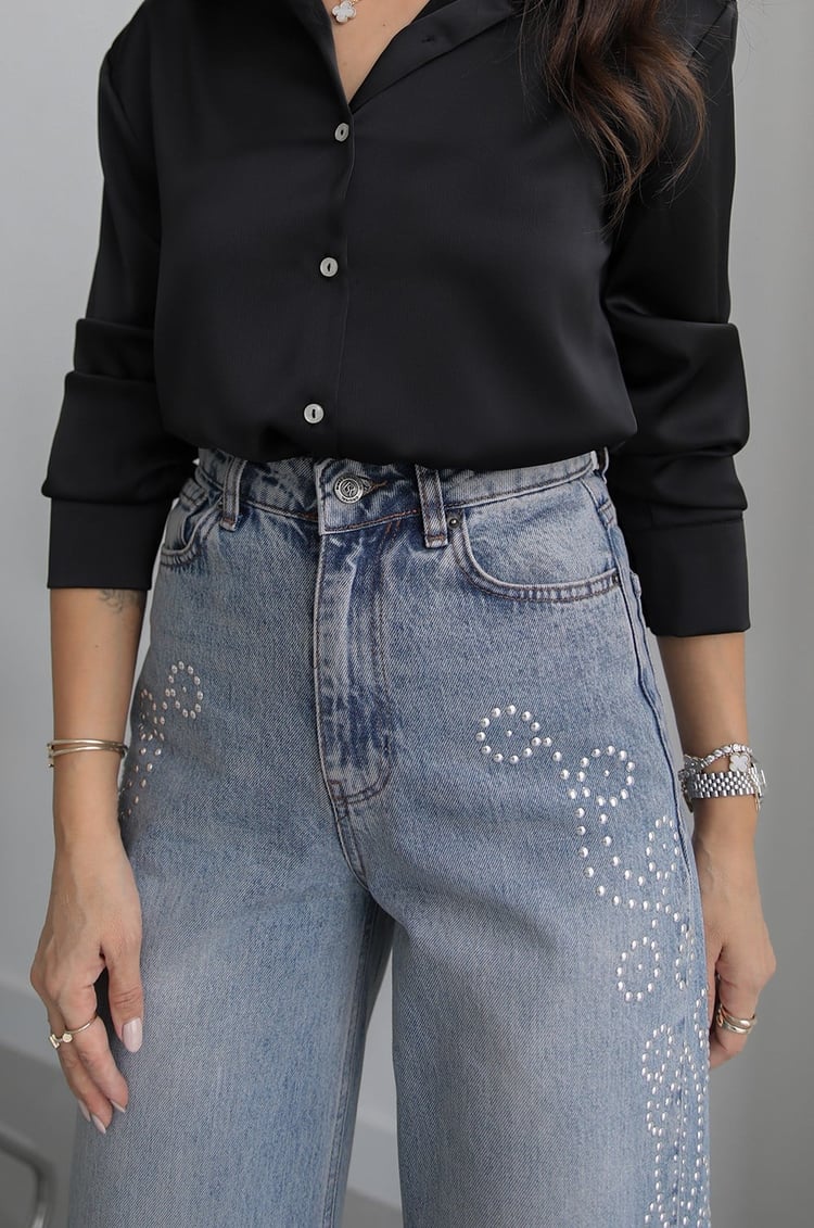 Açık Mavi Yanları Droplu Wide Leg Jean