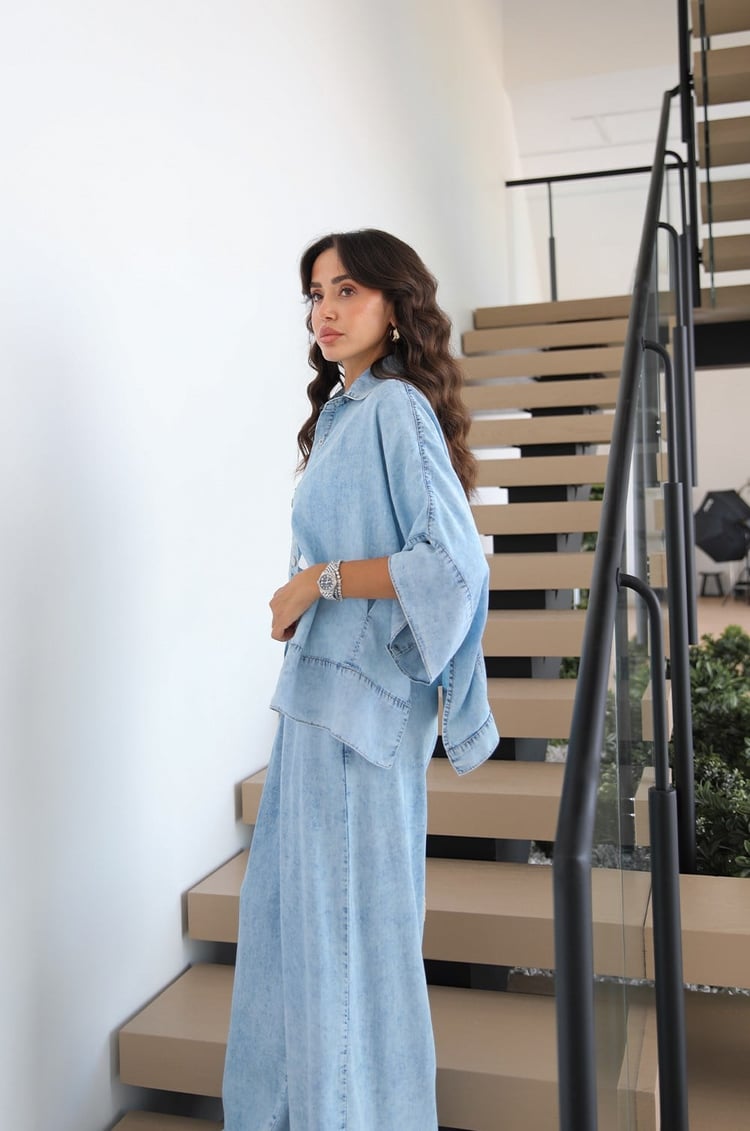 Açık Mavi Yıkamalı Gömlek Pantolon Denim Takım 