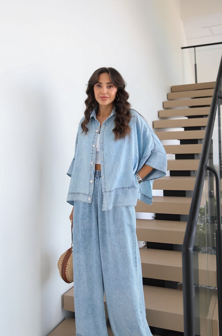 Açık Mavi Yıkamalı Gömlek Pantolon Denim Takım 