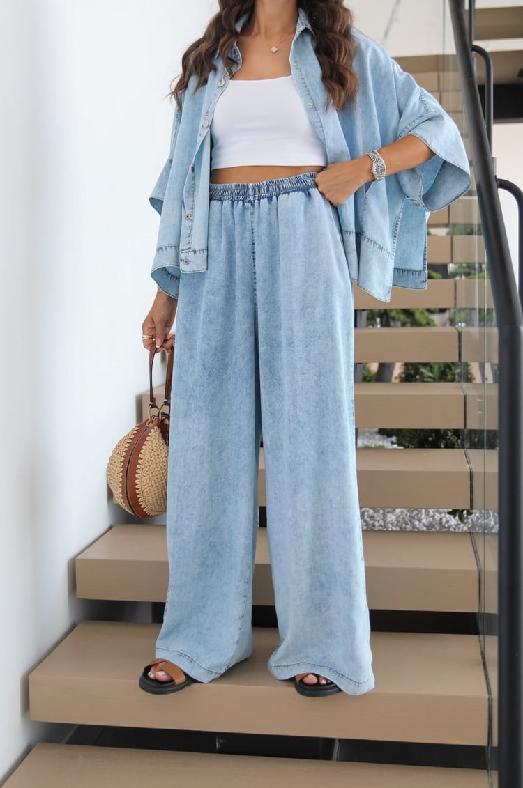Açık Mavi Yıkamalı Gömlek Pantolon Denim Takım 