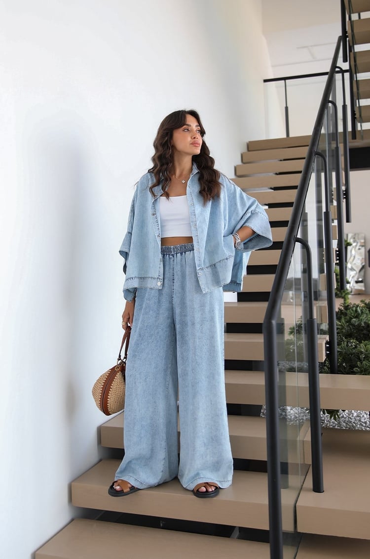 Açık Mavi Yıkamalı Gömlek Pantolon Denim Takım 