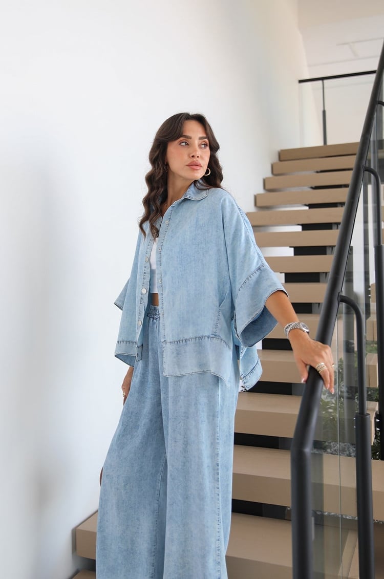 Açık Mavi Yıkamalı Gömlek Pantolon Denim Takım 