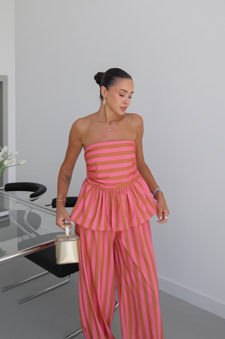 Açık Pembe Meis Straplez Bluz Pantolon Takım
