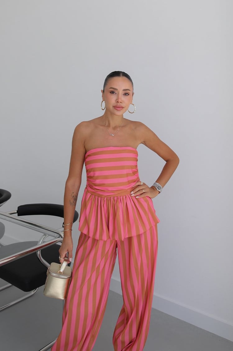 Açık Pembe Meis Straplez Bluz Pantolon Takım