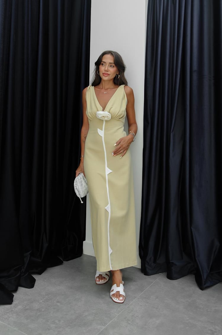 Açık Sarı Yakası Gül Detaylı Elbise