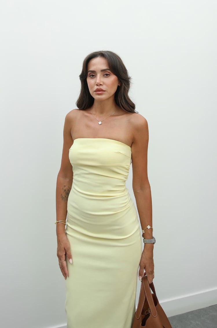 Açık Sarı Yanı Drape Detaylı Staplez Elbise