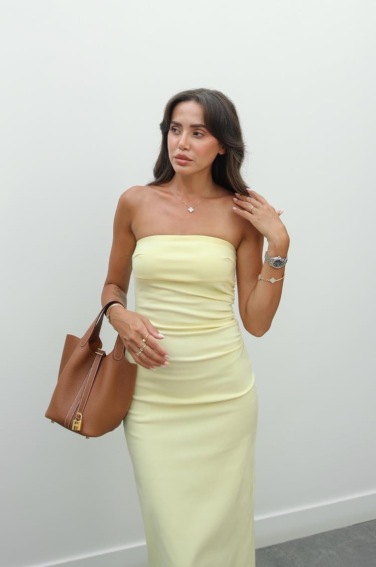 Açık Sarı Yanı Drape Detaylı Staplez Elbise