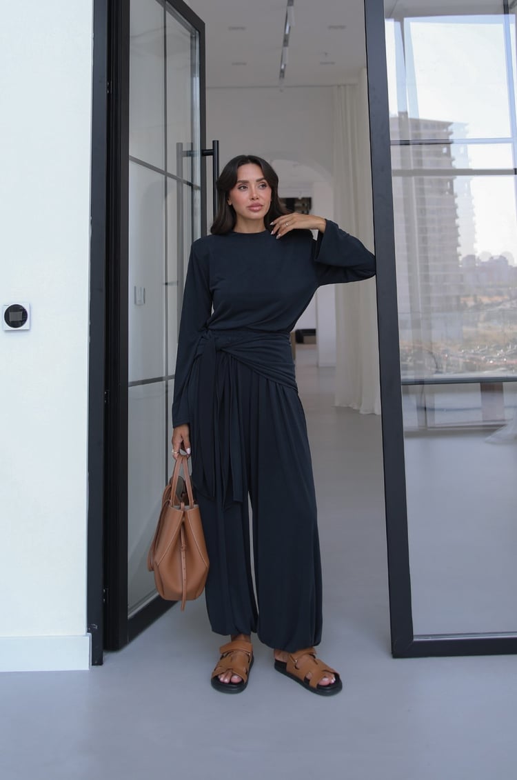 Antrasit Beli Şallı Modal Bluz Pantolon Takım 