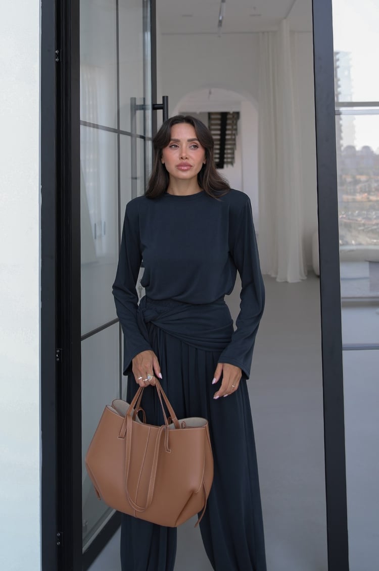 Antrasit Beli Şallı Modal Bluz Pantolon Takım 