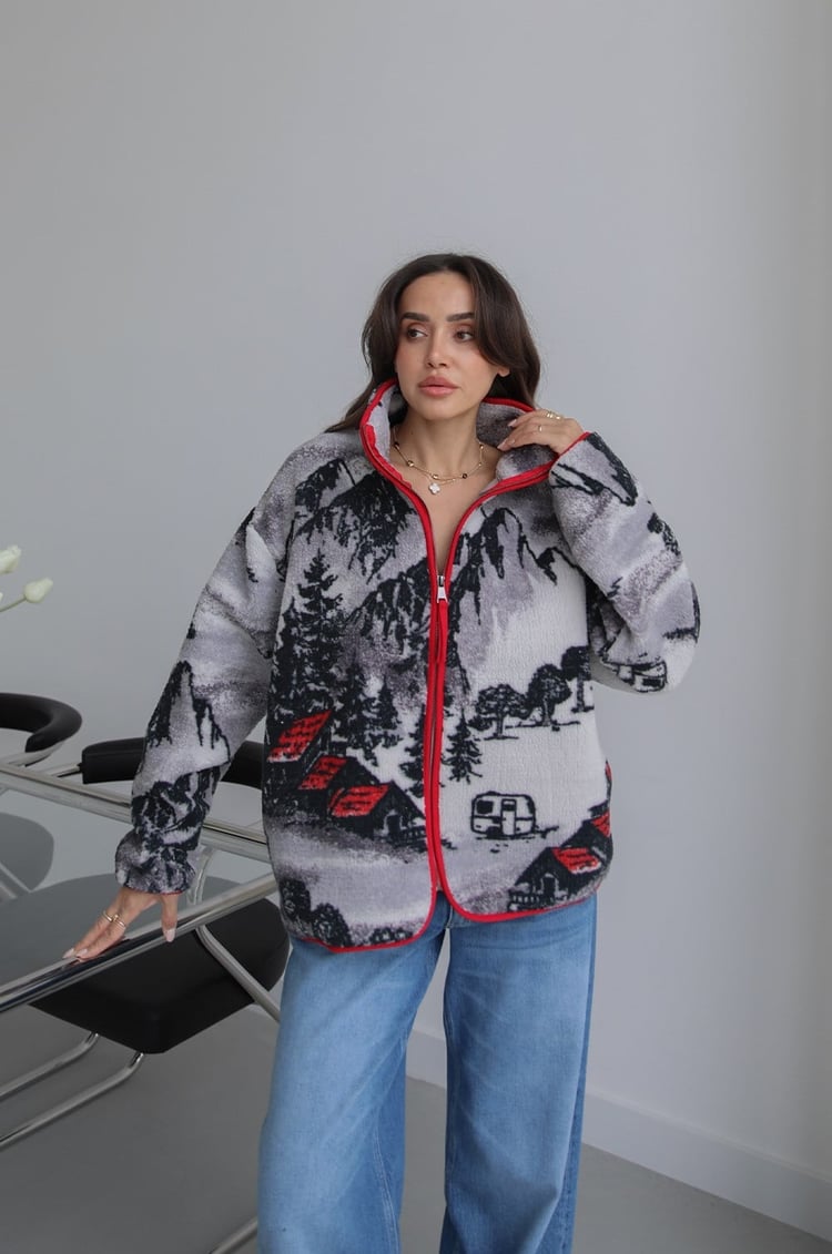 Antrasit Dağ Desenli Fermuarlı Polar Ceket