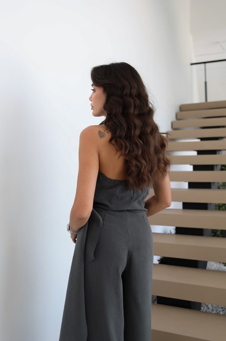 Antrasit Halter Yaka Şal Detaylı Tulum