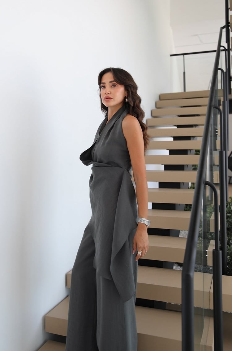 Antrasit Halter Yaka Şal Detaylı Tulum