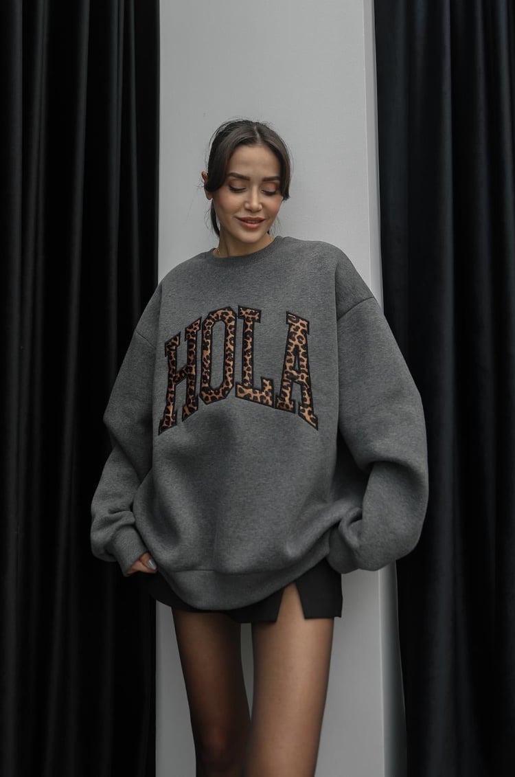 Antrasit Hola Baskılı Sweatshirt