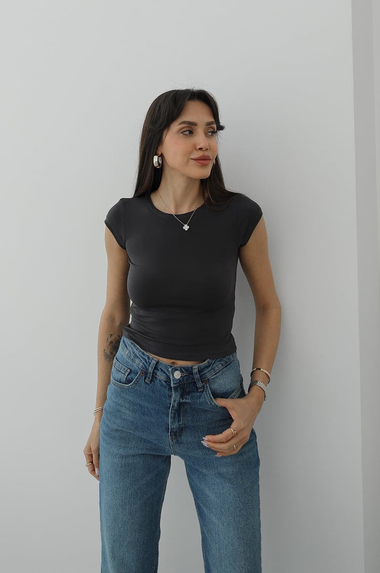 Antrasit Raye Kısa Kollu Basic Bluz