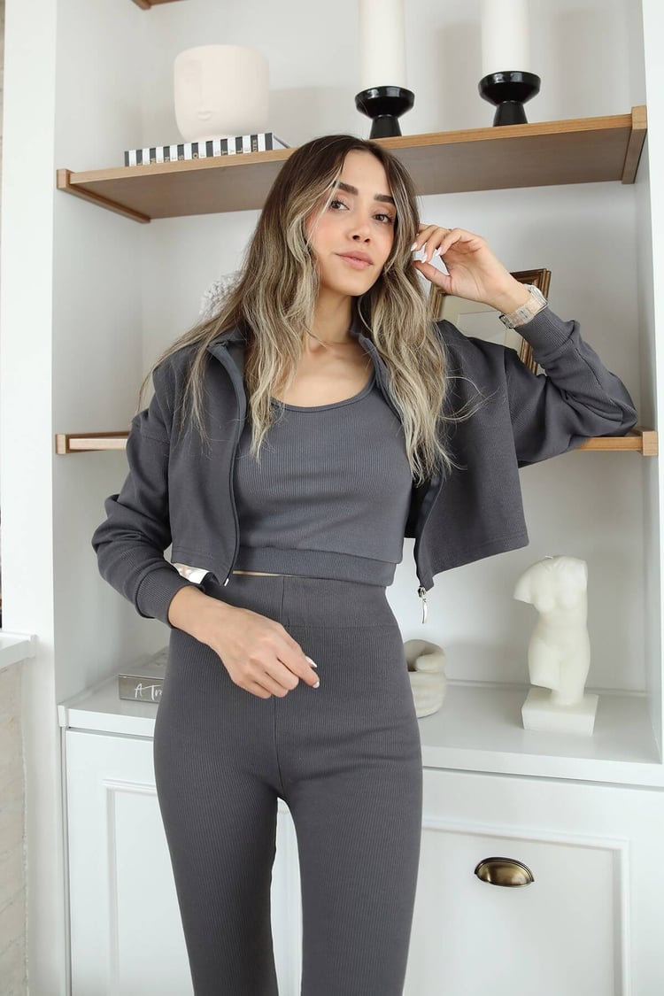 Antrasit Tayt Crop Hırka Takım