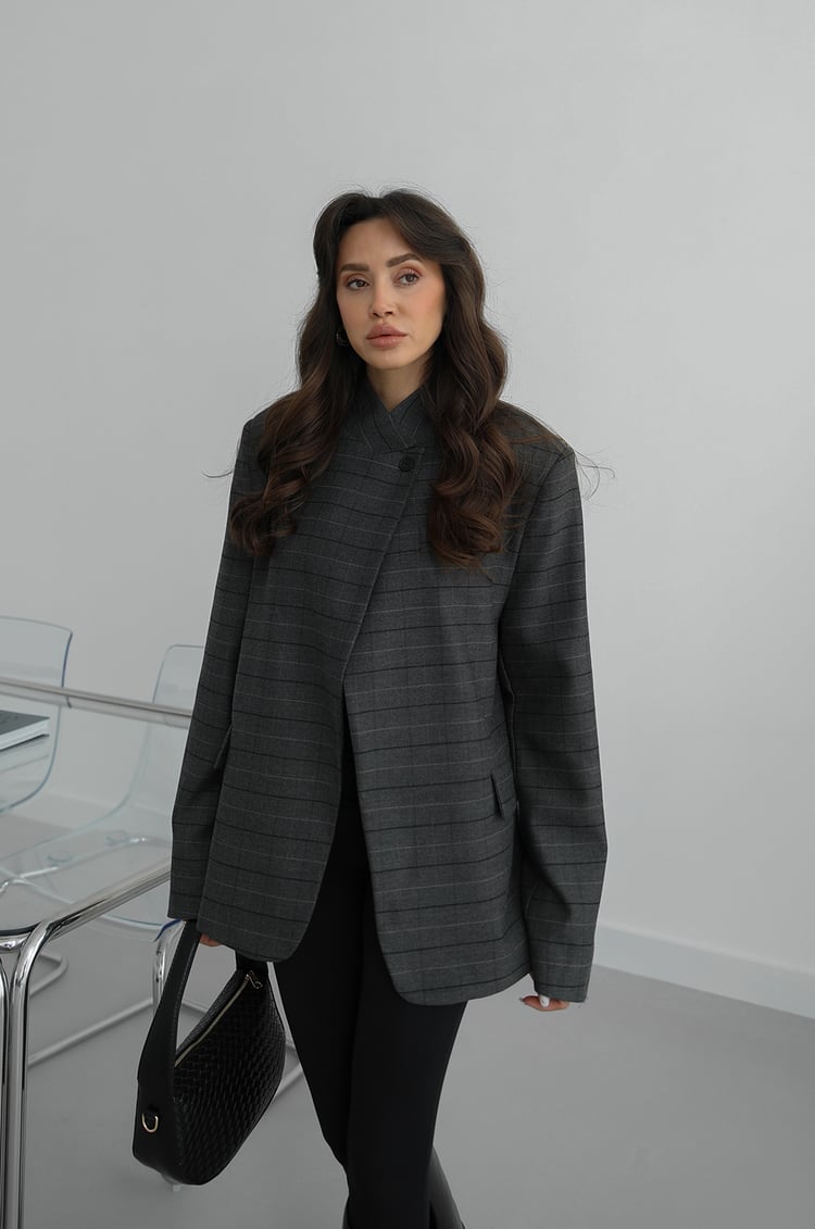 Antrasit Tek Düğme Ekose Blazer Ceket
