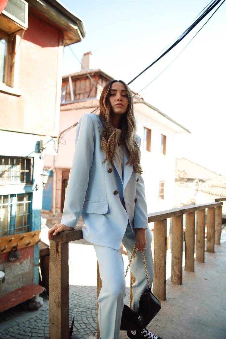 Bebe Mavisi Blazer Ceket/Kemerli Pantolon Takım