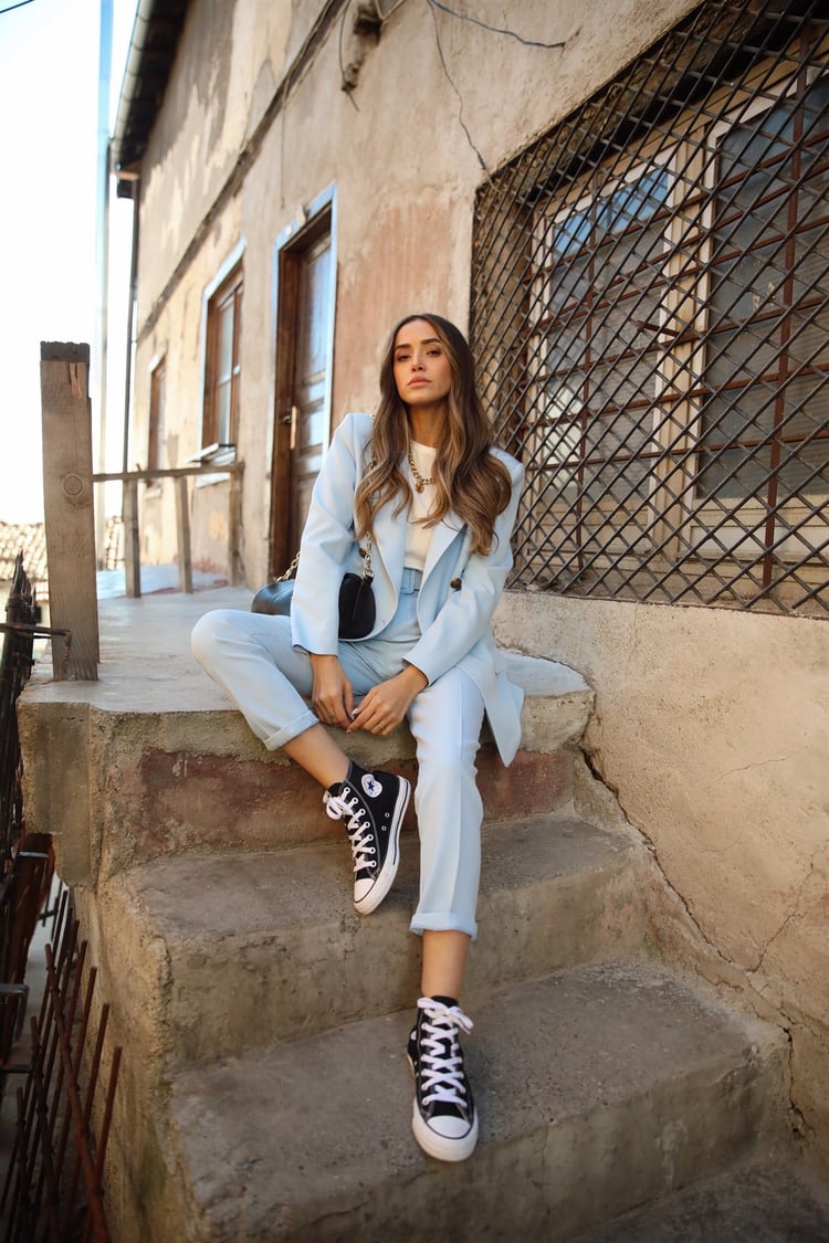 Bebe Mavisi Blazer Ceket/Kemerli Pantolon Takım