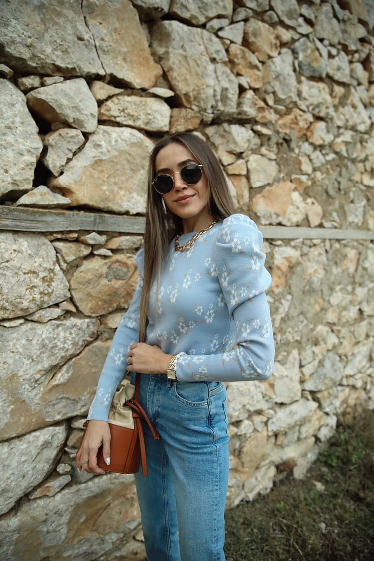 Bebe Mavisi Çiçekli Karpuz Kol Triko