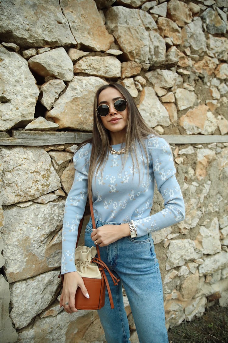 Bebe Mavisi Çiçekli Karpuz Kol Triko