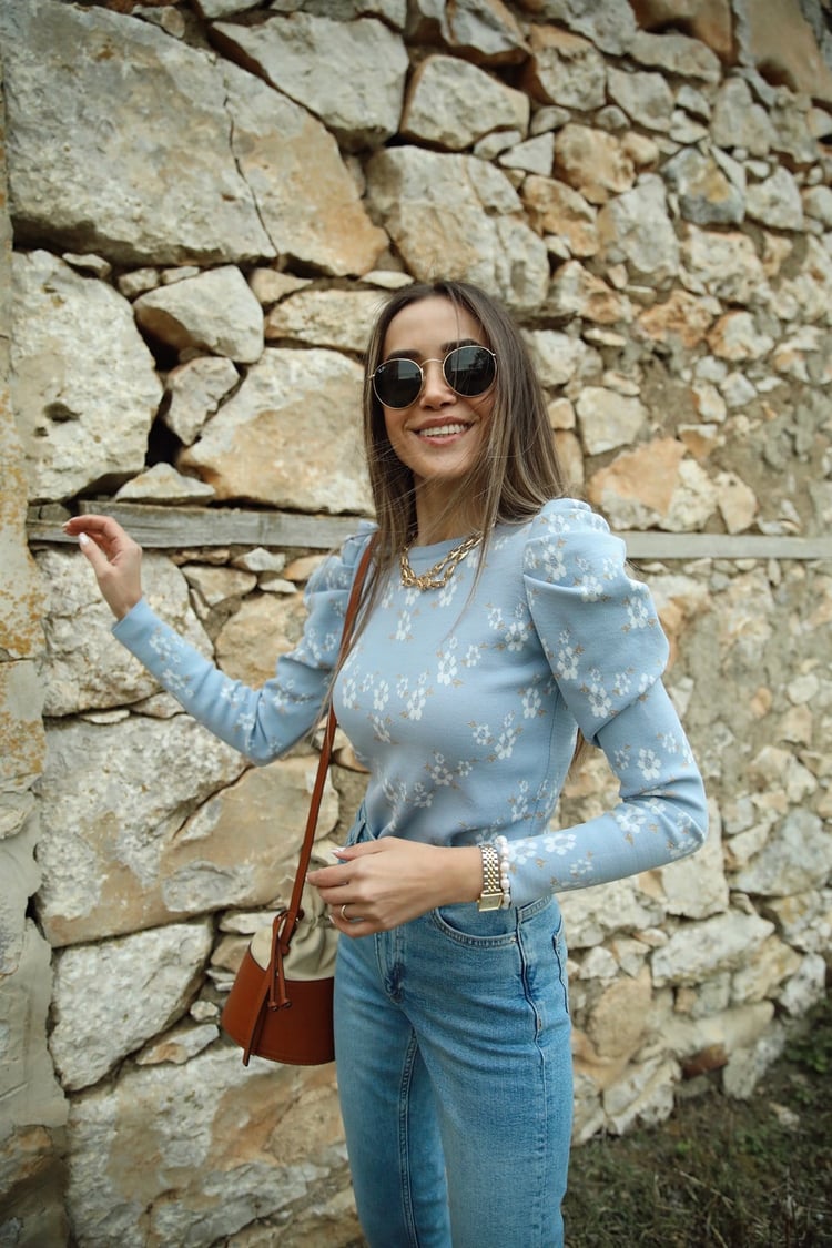 Bebe Mavisi Çiçekli Karpuz Kol Triko