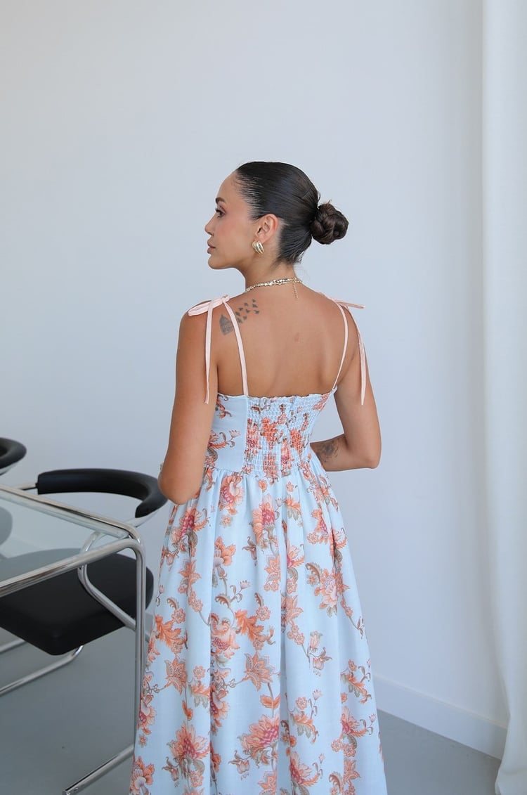 Bebe Mavisi Flora Çiçek Desenli Midi Elbise