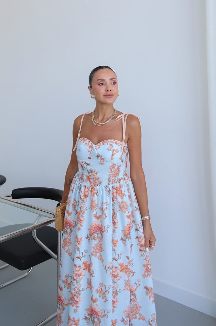 Bebe Mavisi Flora Çiçek Desenli Midi Elbise
