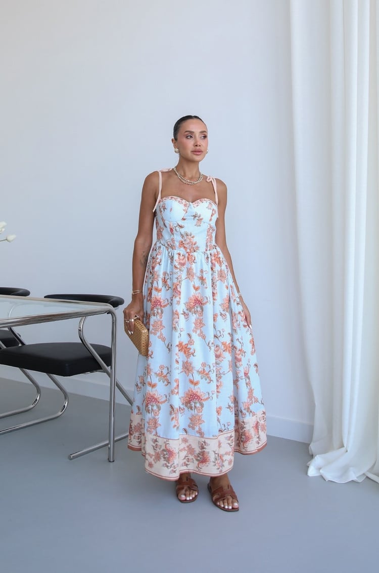 Bebe Mavisi Flora Çiçek Desenli Midi Elbise