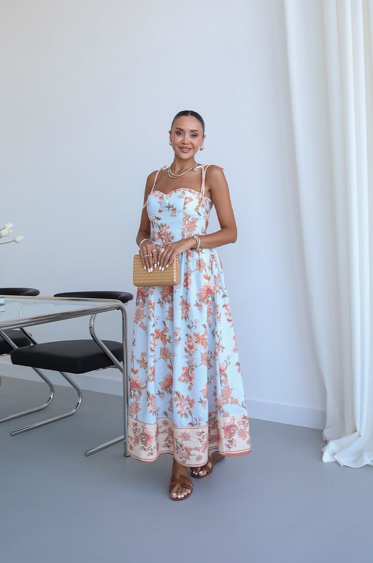 Bebe Mavisi Flora Çiçek Desenli Midi Elbise