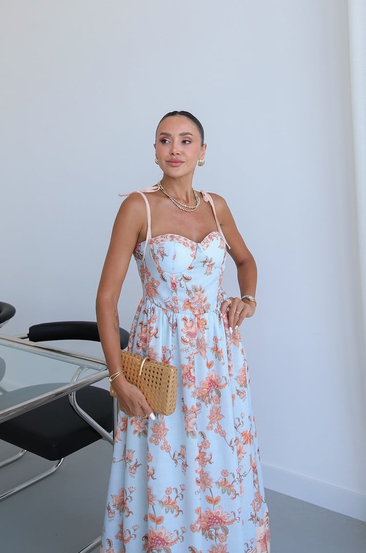 Bebe Mavisi Flora Çiçek Desenli Midi Elbise