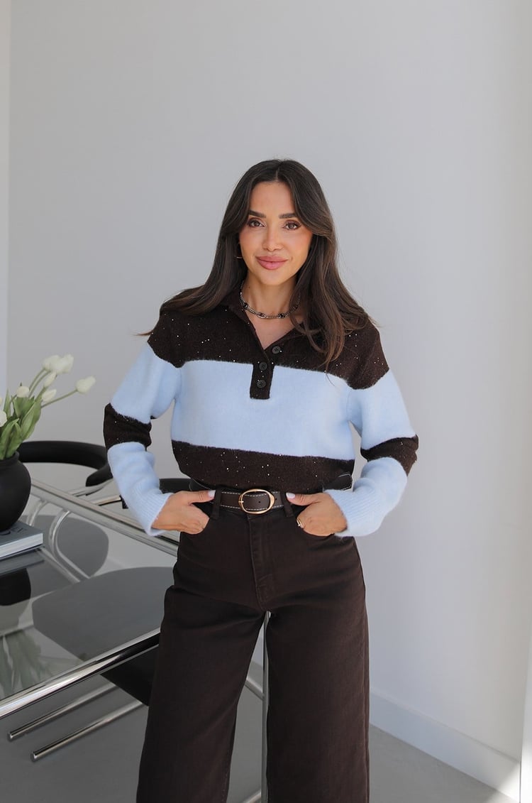 Bebe Mavisi Pullu Polo Yaka Çizgili Kazak