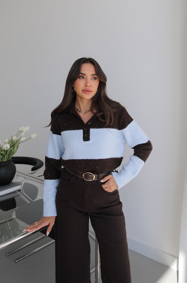 Bebe Mavisi Pullu Polo Yaka Çizgili Kazak
