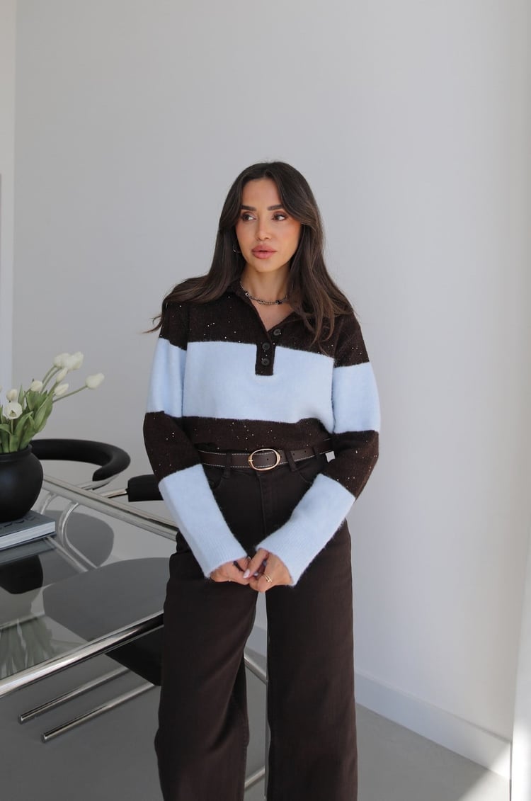 Bebe Mavisi Pullu Polo Yaka Çizgili Kazak