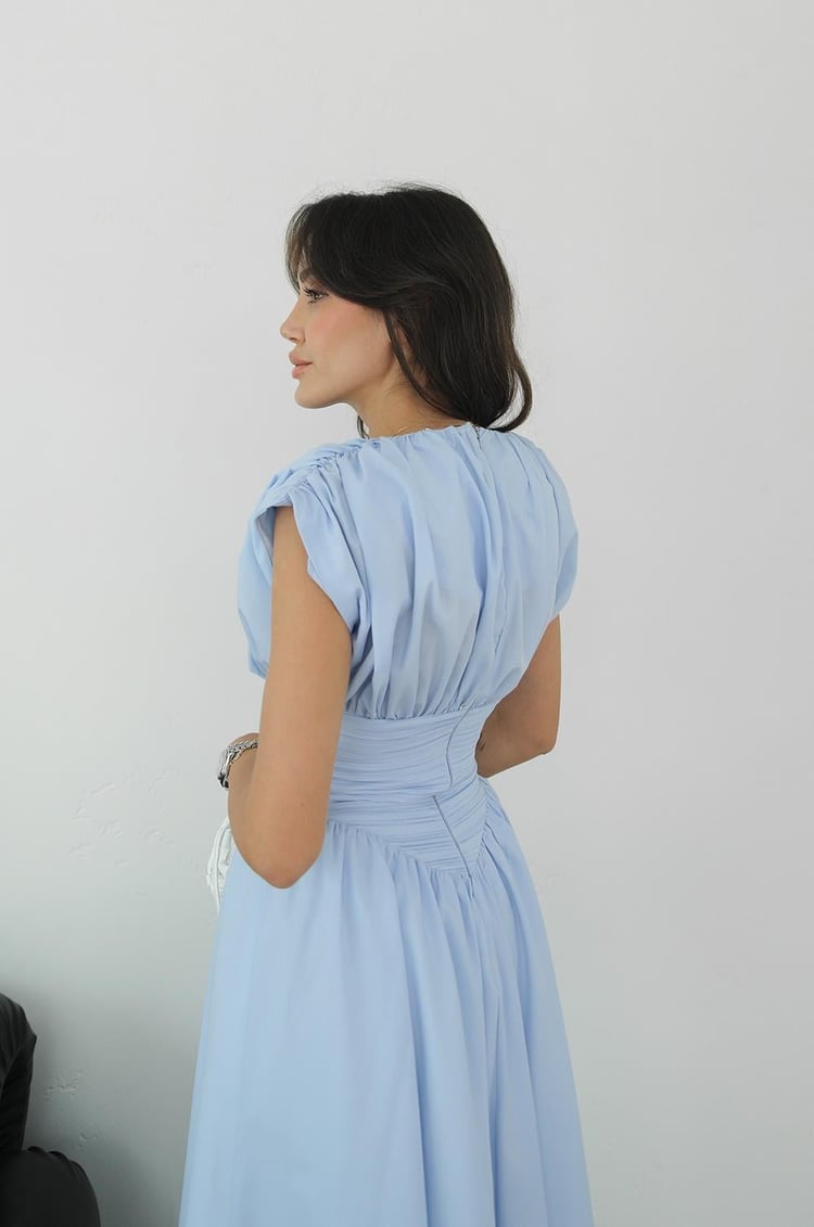 Bebe Mavisi Vintage Esintili Drapeli Elbise