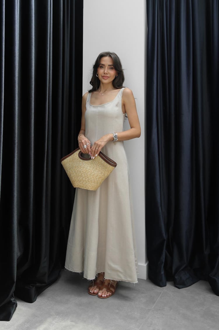 Bej Askılı Maxi Boy Keten Elbise