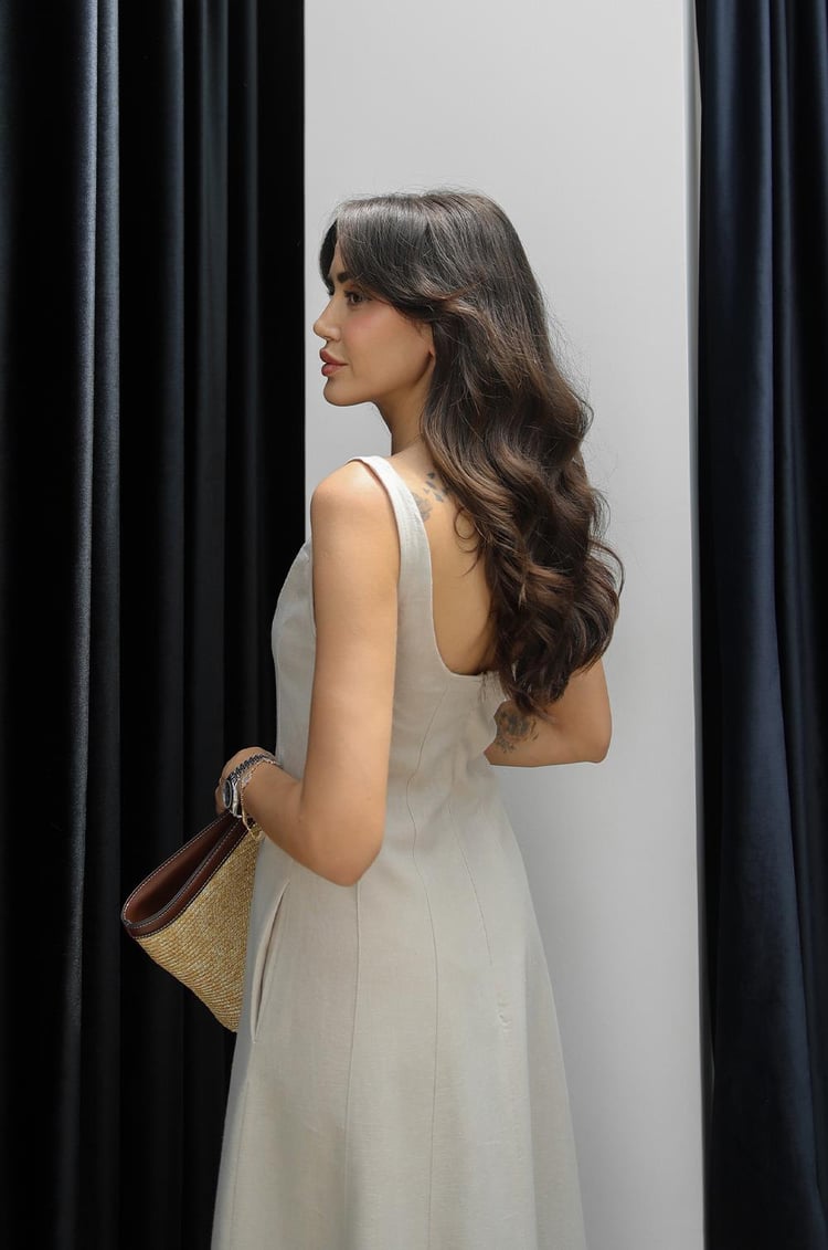 Bej Askılı Maxi Boy Keten Elbise