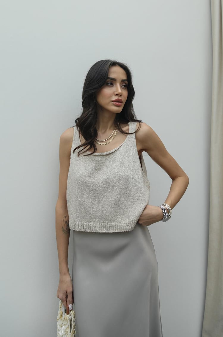 Bej Askılı Örme Bluz