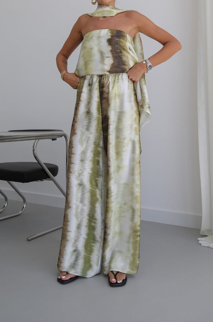 Mavi Batik Desen Straplez Bluz Pantolon Takım