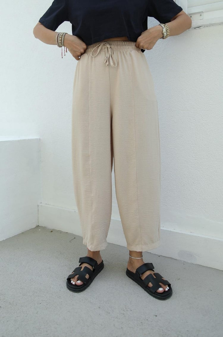 Bej Beli İpli Aerobin Pantolon