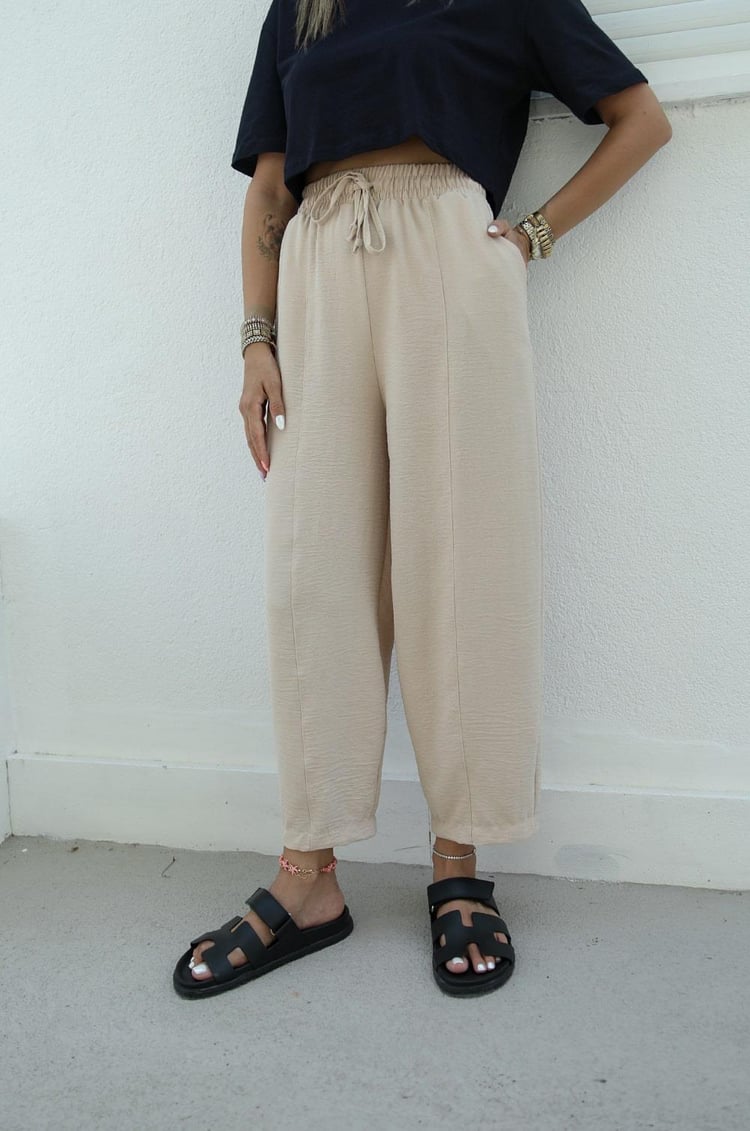 Bej Beli İpli Aerobin Pantolon