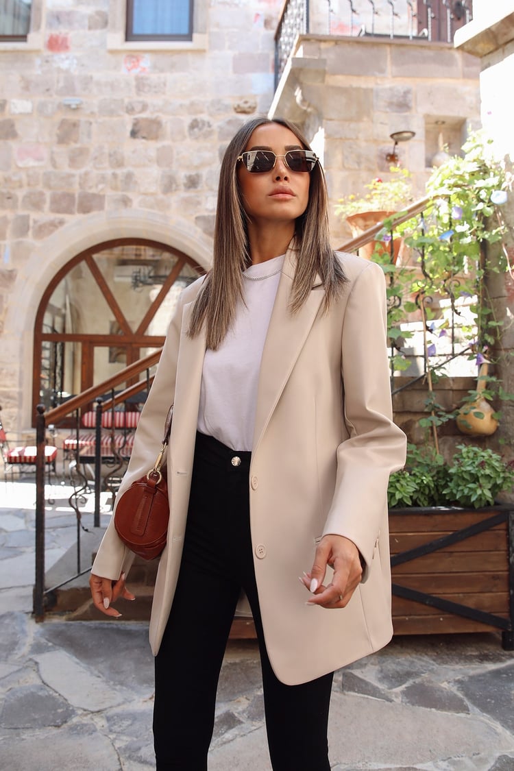 Bej Blazer Deri Ceket