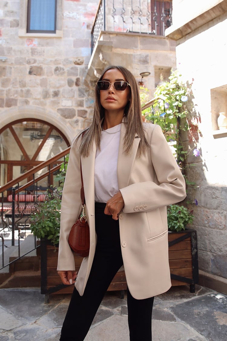 Bej Blazer Deri Ceket