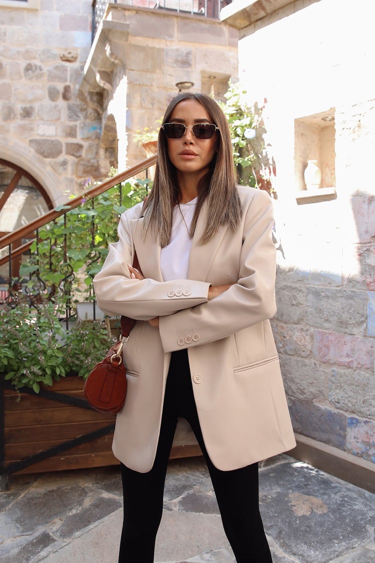 Bej Blazer Deri Ceket
