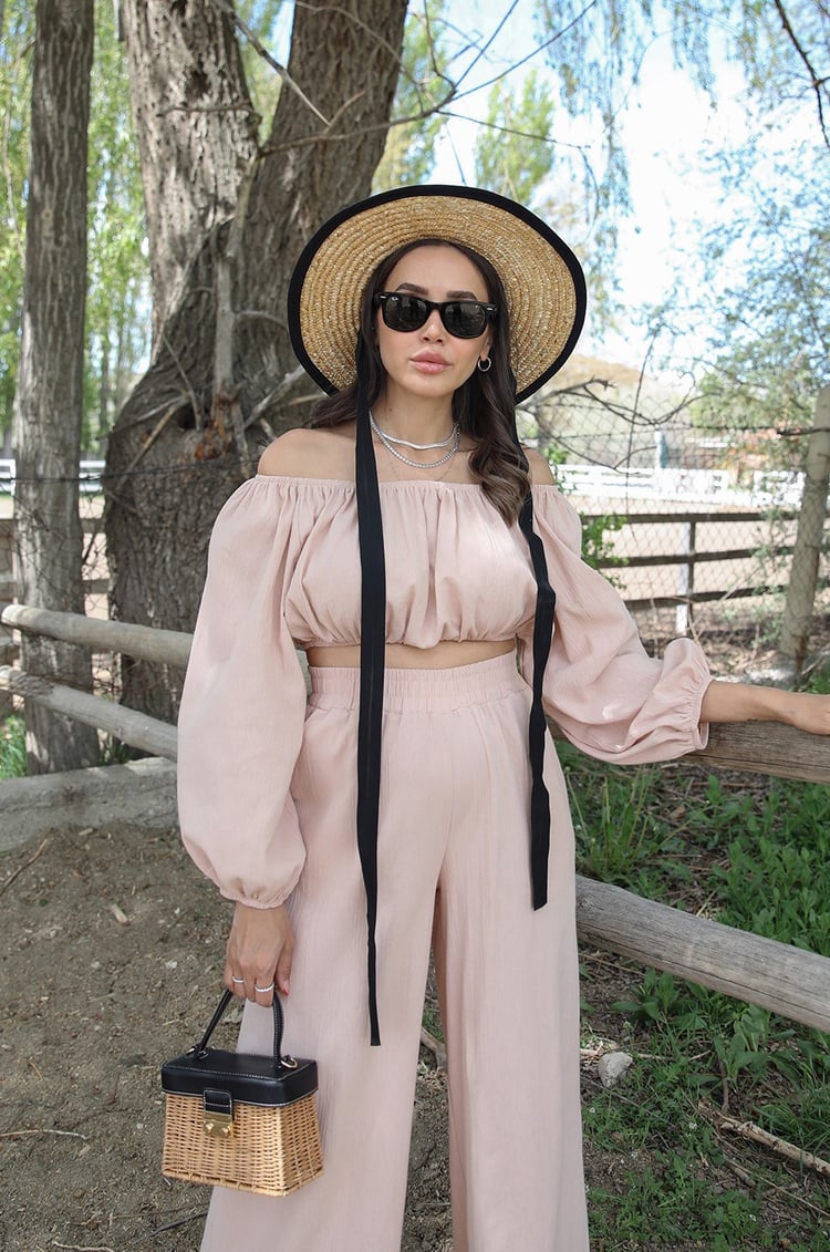 Bej Bol Paça Pantolon Crop Takım