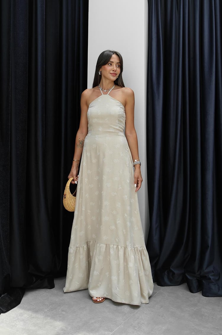 Bej Boyundan Geçmeli Çiçek İşlemeli Elbise