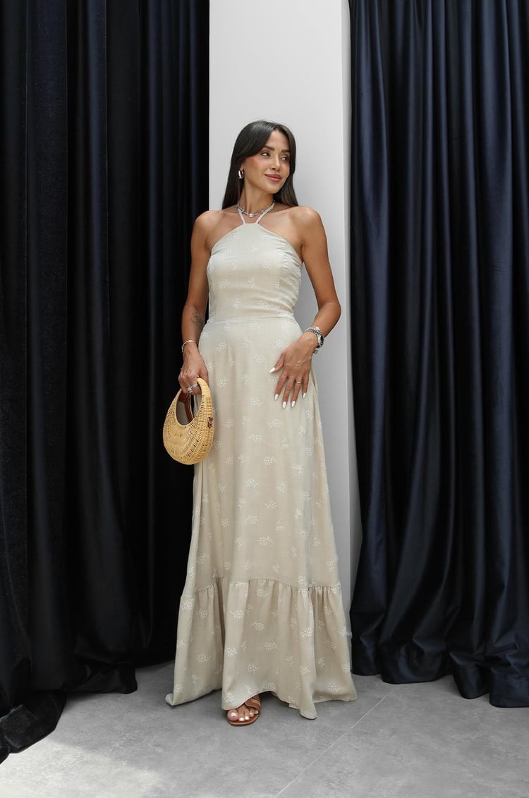 Bej Boyundan Geçmeli Çiçek İşlemeli Elbise