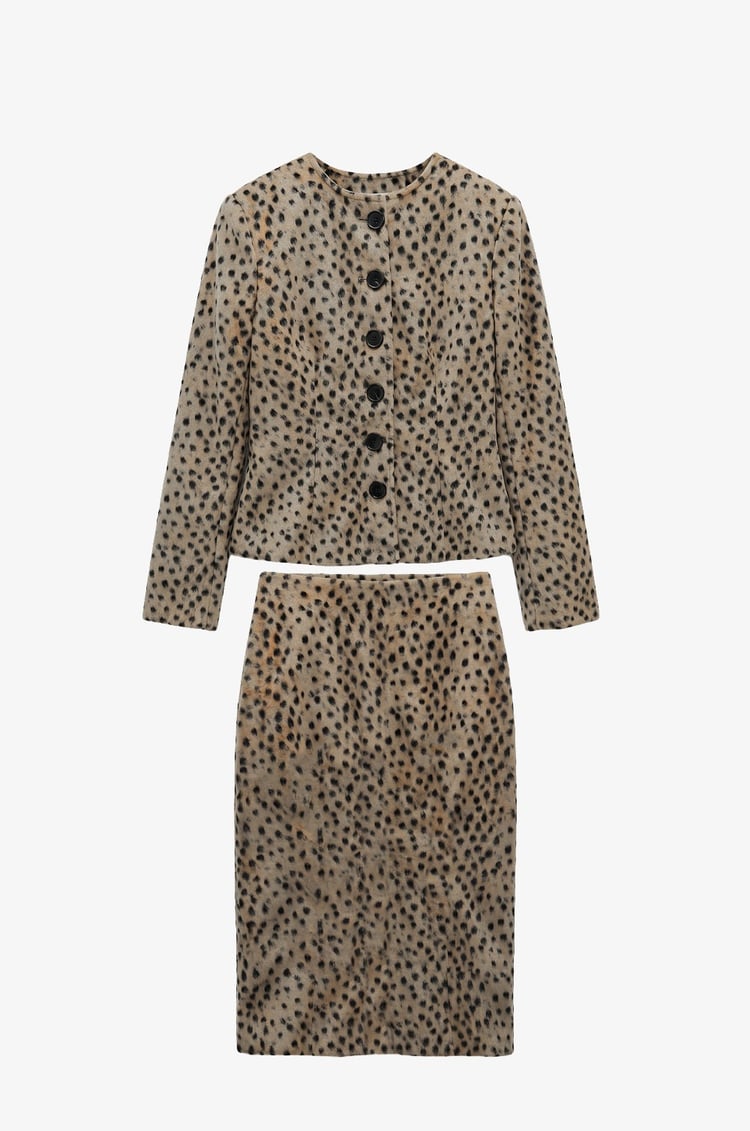 Bej Deer Print Etek Ceket Takım