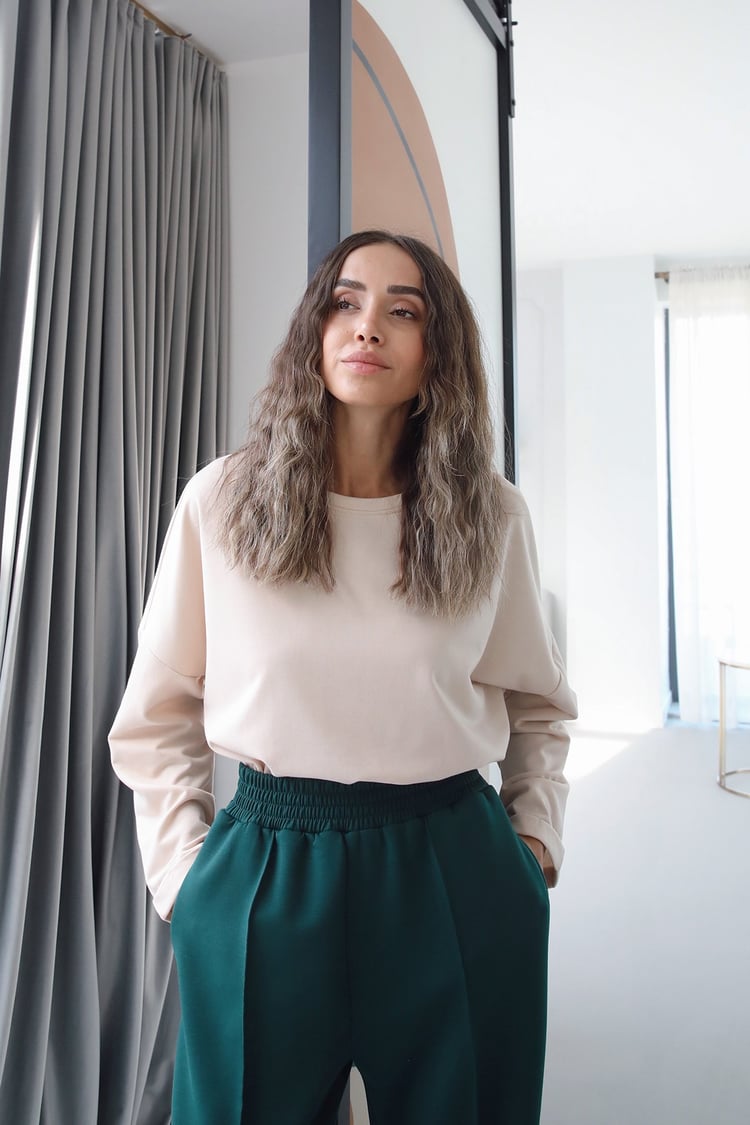 Bej Duble Kol İnce Sweatshirt