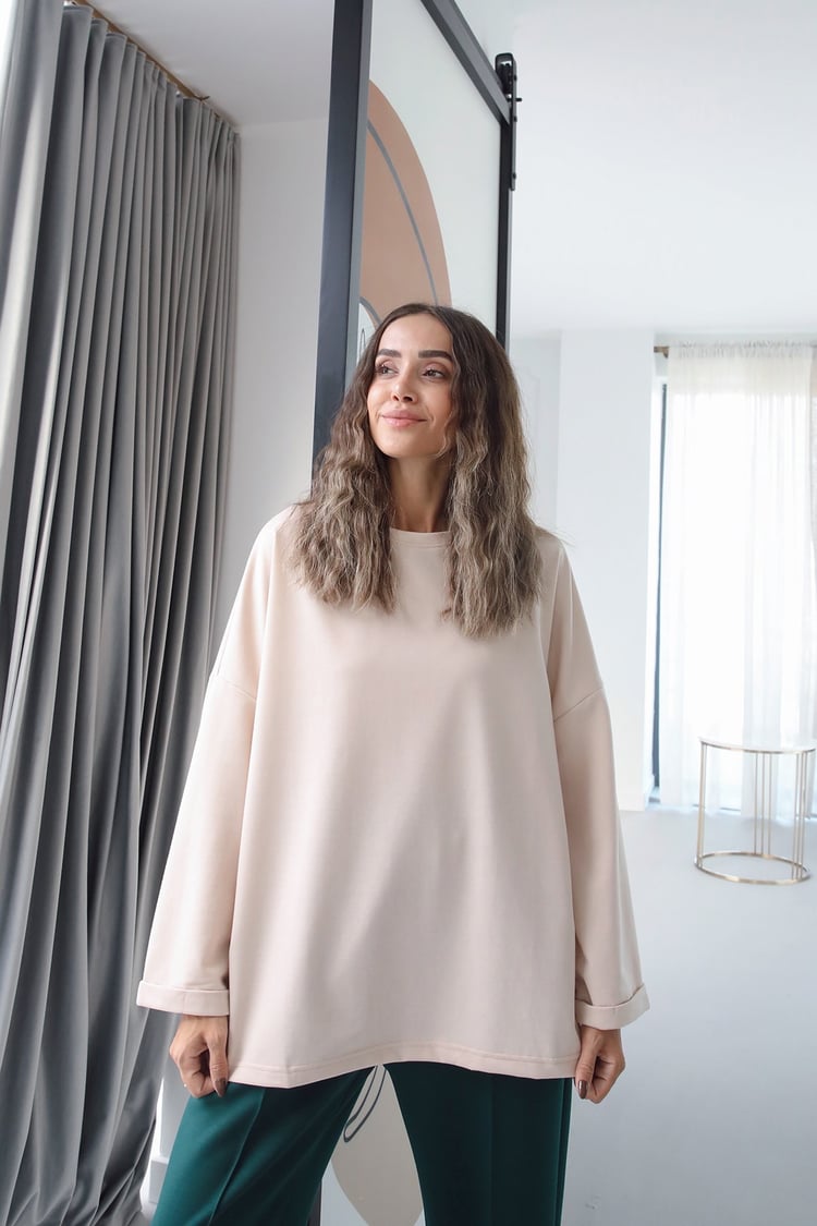 Bej Duble Kol İnce Sweatshirt