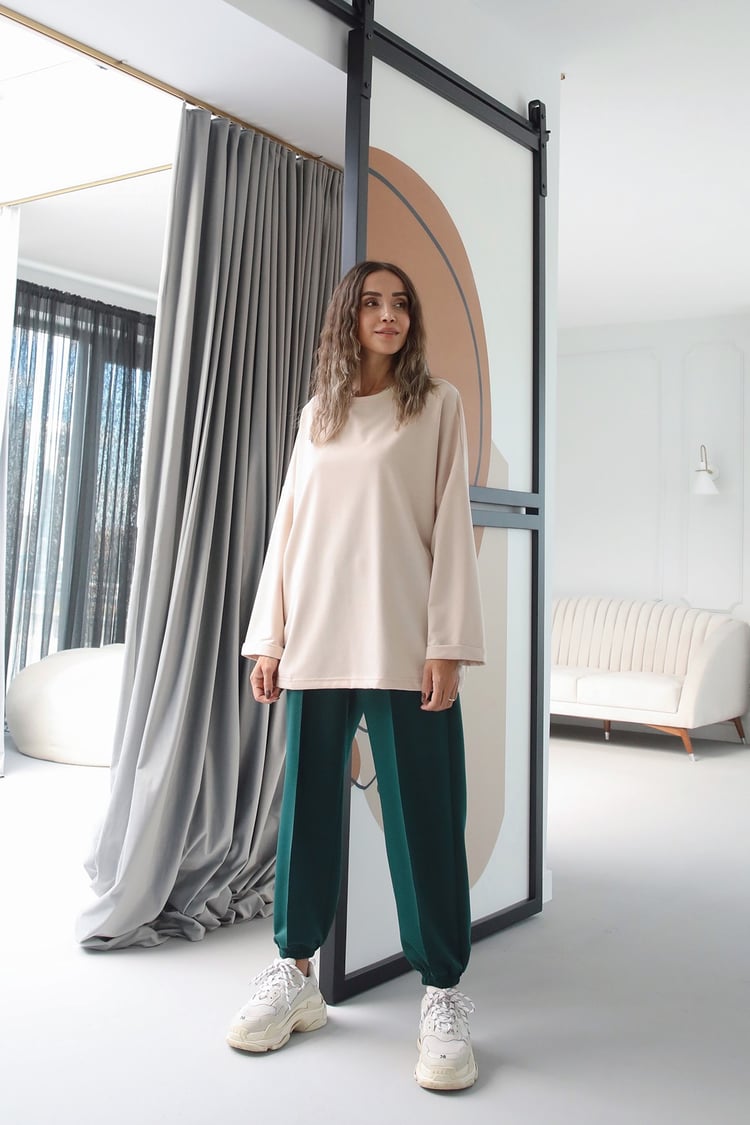 Bej Duble Kol İnce Sweatshirt